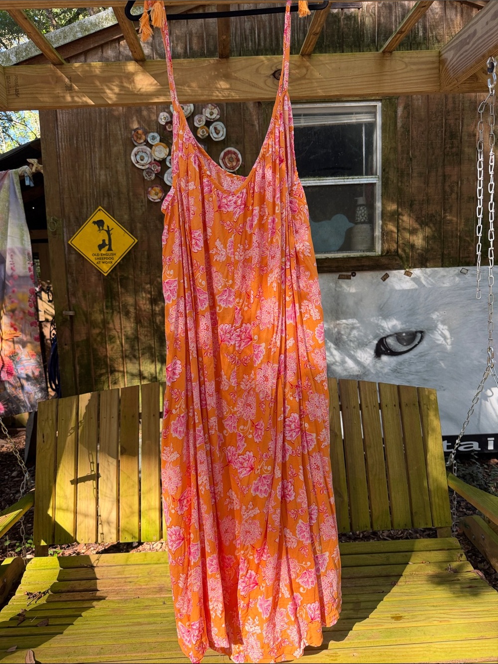 Old Navy Orange and Pink Floral Maxi Dress tie top with pockets 4x